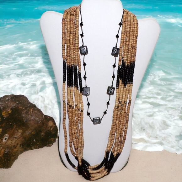 Source Unknown Jewelry - Boho Beachy Look Necklace 8 Strand Wood Beads + Ceramic Bead Vintage
